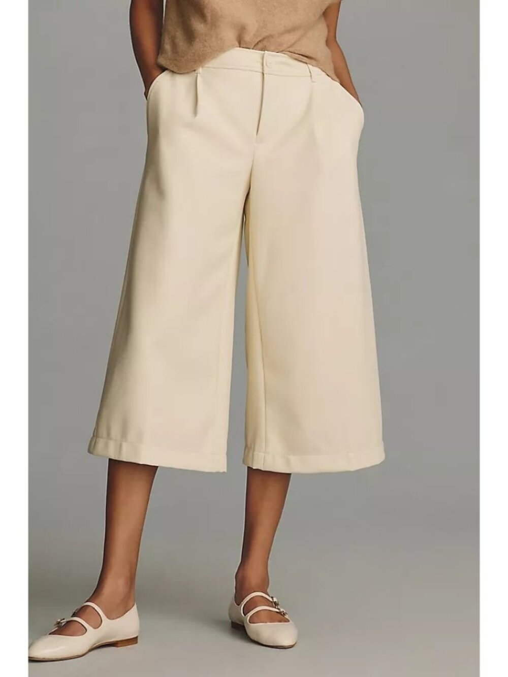 Anthropologie Wide-Leg Faux Leather Culottes Cream High-Waist Size 10 Petite
